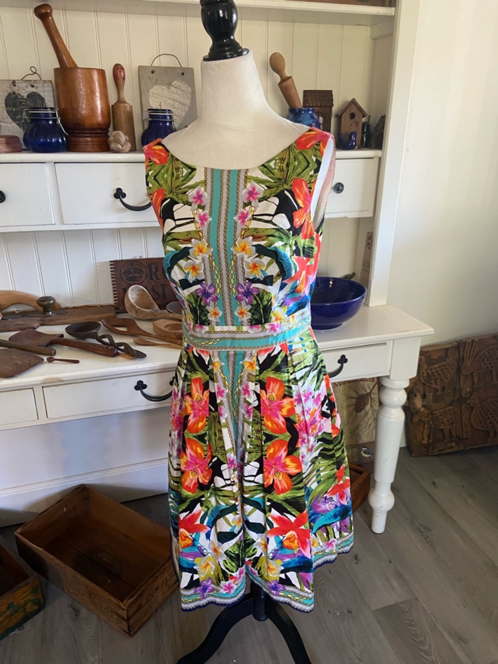 Maggy London Tropical Floral Fit-and-Flare Dress in Green, Pink, Orange